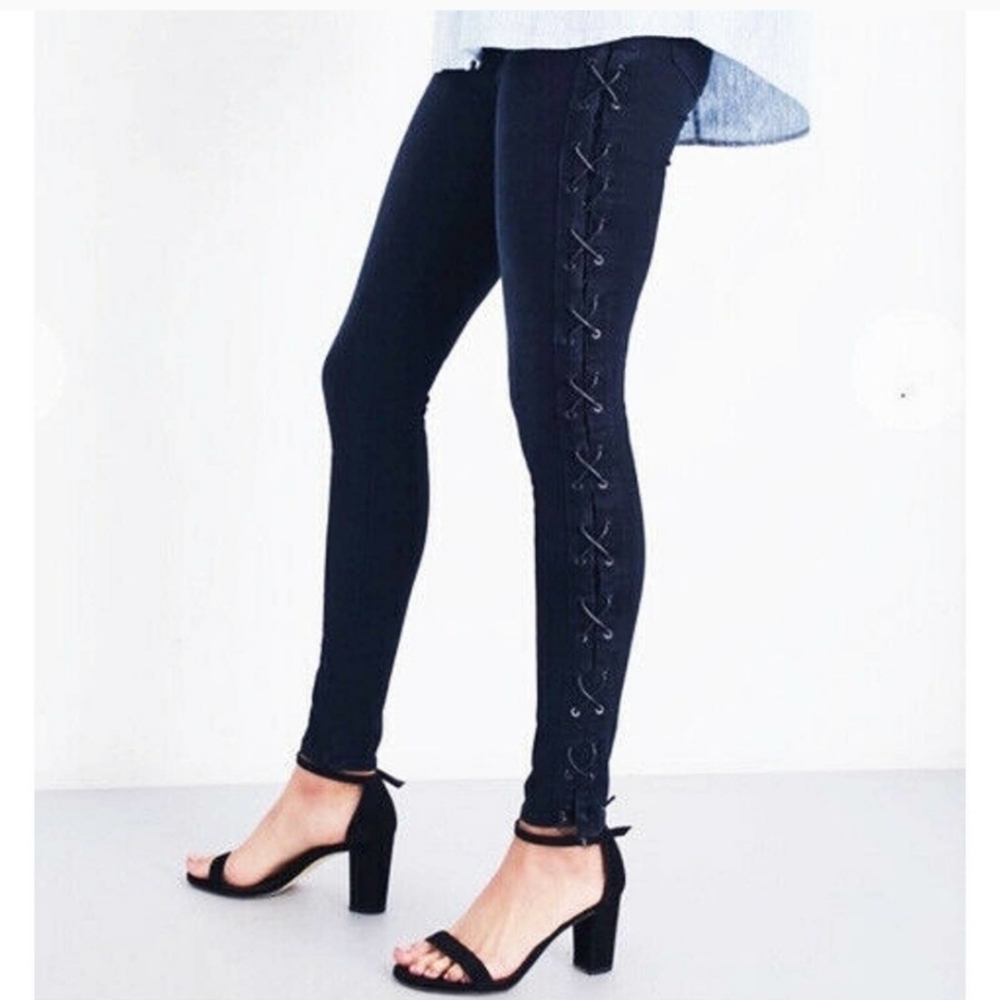 J BRAND coated Maria high rise skinny stretch jeans lace sides.